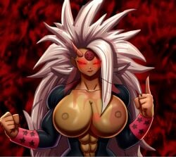 1girls ai_generated autism black_fur corrupted corruption dark_eyes dark_skin demon demon_girl demon_horns dragon_ball dragon_ball_af dragon_ball_super female female_only fur huge_breasts kale massive_breasts muscular_female red_eyes solo super_saiyan_6 transformation universe_6