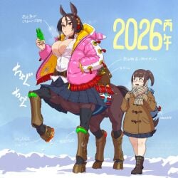 1futa 1girls 2026 animal_ears animal_penis backpack bag bell black_hair boots breasts breath brown_hair brown_jacket centaur cleavage clothed clothing coat collar commentary_request female flaccid fully_clothed futanari glasses hair_ornament horse_ears horse_penis human humanoid jacket large_breasts light_skin looking_at_phone mikoyan monster_girl mostly_clothed multiple_girls new_year original penis phone pink_jacket pleated_skirt scarf skirt snow taur unbuttoned year_of_the_horse