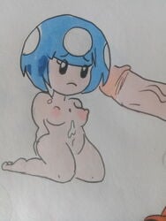 1boy 1girls barefoot blue_hair breasts cum female female_focus frown male mario_(series) meow_fuck mini_mushroom nintendo nipples nude penis power_up power_up_girl rule_63 sad simple_background small_breasts thick thick_thighs thighs white_background wide_hips