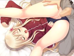 1boy anal bishoujo_(game) blonde_hair blush buruma buruma_aside censored closed_eyes clothed_sex clothing_aside female game_cg gym_uniform hair_ornament haruna_altonen jacket legs_up long_hair lying mosaic_censoring nonohara_miki on_back open_fly open_mouth penis petite pussy sex solo_focus spread_legs straight track_jacket vaginal_penetration