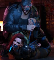 arms_behind_back bondage cyberpunk_2077 hogtie hogtied rope rope_bondage tape tape_gag tied_up v_(cyberpunk_2077) valerie_(cyberpunk_2077)
