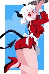 apron archapxl ass breasts demon demon_girl demon_horns demon_tail female fully_clothed helltaker large_breasts modeus_(helltaker) pixel_art red_eyes tagme vide video white_hair