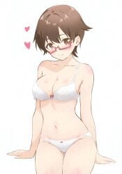 adversarial_noise arm_support bare_arms bare_shoulders blush bra breasts brown_eyes brown_hair closed_mouth commentary_request female glasses gluteal_fold heart highres hitorilily invisible_chair k-on! large_breasts looking_at_viewer manabe_nodoka mole mole_on_breast navel panties rectangular_eyewear red-framed_eyewear semi-rimless_eyewear short_hair simple_background sitting smile solo split_mouth stomach strap_slip thigh_gap under-rim_eyewear underwear underwear_only white_background white_bra white_panties