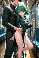 1boy 1girls 2025 ai_assisted ai_generated anime artist_name black_dress black_hair black_jacket black_pants breasts chikan covered_navel covered_nipples curly_hair dress flipped_hair grabbing grabbing_another's_breast green_eyes green_hair groping hand_on_another's_hip hi_res high_heels high_quality high_resolution highres long_sleeves looking_at_viewer patreon patreon_username pelvic_curtain petite short_hair small_breasts stable_diffusion straight tatsumaki train_interior watermark