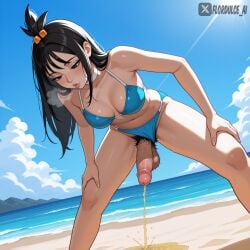 1futa ai_generated balls beach bikini black_eyes black_hair breath choker duro_(pokemon) erect_penis erection flordulce futa_only futanari hair_ornament intersex lida_(pokemon) long_hair looking_down outdoors panties_aside peeing penis penis_out pokemon pokemon_legends:_z-a pubic_hair puckered_lips sand solo_futa standing testicles topknot water