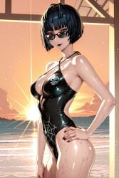 1girls adult adult_female ai_generated atlus beach black_lips black_lipstick black_nail_polish black_nails bob_cut brown_eyes cleavage cleavage_cutout cross_tie dark_blue_hair halter_leotard halterneck hand_on_hip japanese japanese_female lean_figure light_skin looking_at_viewer low-angle_view mature_female megami_tensei nail_polish navy_blue_hair older_female one-piece_swimsuit orange_sky persona persona_5 persona_5_royal sega shin_megami_tensei short_hair skull_print smirk sparkles spiderweb_pattern standing sunglasses sunglasses_down sunset sunset_background swimsuit swimwear tae_takemi wet wet_body wet_clothes wet_skin