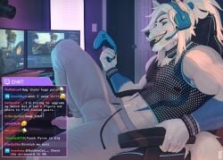 anthro big_bulge black_sclera black_tongue blue_eyes bottomwear bracelet bulge camera canid canine canis clothed clothed_male clothing collar computer_keyboard computer_monitor controller detailed_background detailed_bulge electronics english_text fangs fishnet_clothing fishnet_tank_top fur game_controller gaming genital_outline hair headgear headphones headset hi_res jewelry livestream male mammal navel navel_piercing pants penis_outline piercing playstation playstation_controller ponytail pyro29 sinsquared smile solo sony_corporation sony_interactive_entertainment streaming_setup sweatpants teeth text tongue tongue_out white_body white_fur white_hair wolf