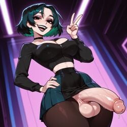 1futa 1futanari abs ai_generated artist_request ass big_ass big_breasts big_hips black_eyes black_eyeshadow black_hair black_lip black_lips black_lipstick black_makeup breasts cleavage clothed clothing eyebrows eyelashes female female_focus female_only futa_only futanari goth goth_futa goth_girl goth_makeup gothic gothic_girl gothified green_hair grin gwen_(tdi) long_hair looking_at_viewer medium_breasts medium_hair navel seductive seductive_look seductive_smile skirt smile smirk smooth_skin solo solo_female solo_focus total_drama_island velfur