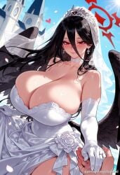 ai_generated balecxi bare_shoulders black_hair black_wings blue_archive blush bridal_veil church cleavage earrings elbow_gloves feathered_wings female gloves hair_between_eyes halo hasumi_(blue_archive) heart huge_breasts jewelry long_hair looking_at_viewer mole mole_under_eye red_eyes ring smile solo_focus wedding_dress white_choker white_dress