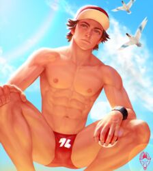 1boy abs biceps brown_hair bulge crouching foxbravo hat human human_only male male_only muscular nintendo nipples pecs pokeball pokemon pokemon_sm red_(pokemon) solo speedo swimwear watermark