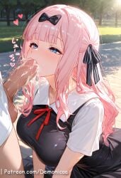 1boy 1girls ai_generated anime ass big_ass big_breasts blue_eyes blush boobjob breasts cleavage cum cum_in_mouth cum_inside demonicaa female female_on_cloth fujiwara_chika hip_grab kaguya-sama_wa_kokurasetai_~tensai-tachi_no_renai_zunousen~ large_breasts male middle_breast open_eyes open_mouth penis penis_in_mouth pink_hair pussy reverse_cowgirl_position riding sex straight_sex uncensored vagina vaginal_penetration vaginal_sex window
