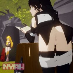2girls 3d black_hair black_hair_female blake_belladonna blonde_female blonde_hair canon_couple clothed_female crescent_rose gambol_shroud half-dressed half_naked half_naked_female long_hair long_hair_female looking_back nyahs_smut rwby showing_pussy yang_xiao_long yellow_eyes