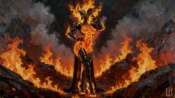 ai_assisted ai_generated armor armored_female ass bare_breasts bare_chest bare_midriff breasts elegant ember_(warframe) ember_heirloom_(warframe) female female_only fire flames glowing_body glowing_nipples heels high_heels highres nipples orange_skin partially_clothed_female patreon sexy_pose smoke thigh_boots thighhighs tripleize wallpaper warframe watermark