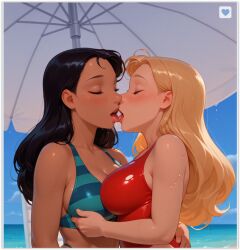 2girls ai_generated aqua_bikini aqua_swimsuit bangs bare_arms bare_shoulders beach beach_umbrella big_breasts bikini black_hair blonde_female blonde_hair blush breast_press breasts cleavage closed_eyes collarbone couple dark-skinned_female dark_skin day disney duo female/female female_only french_kiss guloyu84 hugging kissing lifeguard_(lilo_and_stitch) lilo_and_stitch lips long_hair love medium_breasts multiple_girls mutual_yuri nani_pelekai neck ocean one-piece_swimsuit open_mouth outdoors parted_bangs red_one-piece_swimsuit red_swimsuit romantic romantic_couple straight_hair striped_bikini striped_swimsuit swimsuit symmetrical_docking teenage_girl teenager tongue tongue_out umbrella upper_body water wet wet_body yuri