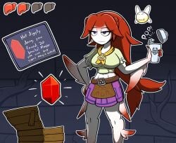 annoyed chabble cocktail_shaker fin fish fish_girl fish_tail hand_on_hip majora's_mask malon midna miniskirt post-transformation purple_eyes red_body rupee tagme tatl the_legend_of_zelda transformation treasure_chest white_body zora