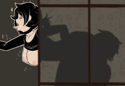 1boy 1girls 2d andrew_graves ashley_graves behind_curtain bent_over big_breasts black_hair breasts breasts_out brother_and_sister choker closed_eyes cunnilingus face_in_ass female fuzzlogik goth hidden_sex human_female implied_incest incest male oral pale-skinned_female ponytail shirt_lift siblings straight the_coffin_of_andy_and_leyley tongue tongue_out