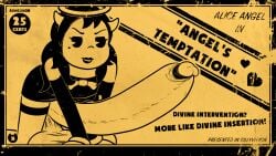 accurate_art_style accurate_body_type advertisement alice_angel arm_sleeves armwear balls beauty_mark bendy_and_the_ink_machine black_dress black_hair black_lipstick bowtie canon_appearance cartoony clothed devious_grin dress flat_chest furrowed_brow futa_only futanari garter_straps gloves grin half-closed_eyes halo horns huge_balls huge_cock intersex jingles_(artist) kneeling long_hair looking_at_viewer massive_penis on_fours paper parody penis pie_cut_eyes pose posing poster price promotional_art sepia solo_futa text worn_out