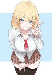 1girls big_breasts blonde_hair blue_eyes bluefield breasts clothed clothing female female_only grin hair_ornament hololive hololive_english hololive_myth huge_breasts large_breasts leaning_forward looking_at_viewer peace_sign plaid_skirt school_uniform schoolgirl shirt short_hair short_skirt skirt solo solo_female standing thighhighs tie tight_clothing virtual_youtuber watson_amelia