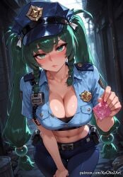 2025 ai_generated alley anime bangs belt blue_pants blue_shirt blush braid braided_hair breast_pocket breasts cleavage closed_mouth collarbone condom condom_wrapper crop_top crossover denim eye_contact female female_focus flushed green_eyes green_hair hat highres holding hoyoverse huge_breasts large_breasts long_hair looking_at_viewer midriff mihoyo navel neutral_expression nsfw outdoors pants patreon pocket police police_hat police_uniform policewoman qingyi_(zenless_zone_zero) rognezart shirt short_sleeves solo sweat sweaty twin_braids twintails uniform very_long_hair zenless_zone_zero