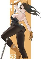 1girls animal_ears arm_up ass atsupiza back backless_leotard bare_shoulders black_eyes black_hair black_leotard black_lips black_pantyhose blush boots breasts brown_gloves brown_hair bunny_day bunny_tail bunnysuit clothing detached_collar fake_animal_ears fake_tail female from_behind gloves highleg highleg_leotard holding_pole large_breasts leotard long_hair looking_at_viewer looking_back makeup mii mii_gunner mii_gunner_(smash_4) mii_gunner_(smash_ultimate) nintendo_switch open_mouth orange_footwear orange_gloves pantyhose playboy_bunny pole pole_dancing rabbit_ears rabbit_tail sideboob smile solo strapless strapless_leotard stripper_pole super_smash_bros. tail year_of_the_rabbit yellow_footwear yellow_gloves