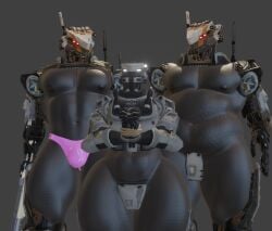 3boys 3d 3d_(artwork) 3d_render augghles big_ass big_ass_(male) big_nipples black_body black_nipples bottom_heavy chubby chubby_male glowing_eyes grey_background hands_tied looking_at_another looking_at_partner looking_down machine male/male/male male_only markings multiple_eyes muscular muscular_male non-human non-human_head non-human_only pink_thong posing red_eyes robot robot_humanoid size_difference spectre_(titanfall) textured_skin thick_thighs thong titanfall two-tone_body weapon white_body white_eyes
