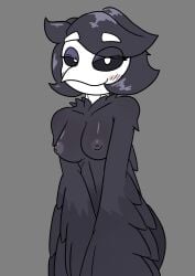 2026 absurd_res alternate_universe anthro anthrofied avian beak bird black_body black_eyeshadow black_feathers black_hair black_nipples black_sclera blush breasts bruhmynameisdylan cheerie digital_media_(artwork) dreemurr_reborn eyelashes eyeshadow feathered_wings feathers female grey_background hair hi_res looking_at_viewer makeup medium_breasts nipples nsfwinthedark nude nude_anthro nude_female simple_background smile solo undertale undertale_(series) white_eyes wings