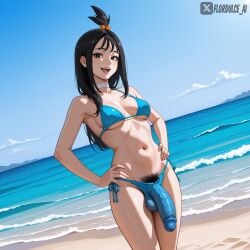 1futa ai_generated balls beach bikini black_eyes black_hair choker duro_(pokemon) flaccid flaccid_penis flordulce futa_only futanari hair_ornament hands_on_hips intersex lida_(pokemon) long_hair outdoors penis pokemon pokemon_legends:_z-a pubic_hair pubic_hair_peek sand smile solo_futa standing testicles topknot water