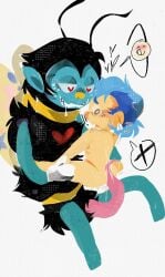 2boys animal_genitalia big_dom_small_sub big_penis blue_hair boysoup bug don't_hug_me_i'm_scared forced freckles gay imminent_sex insects interspecies looking_at_another looking_worried male mohawk precum precum_string puppet rape_face scared shrignold_(dhmis) simple_shading size_difference white_background yellow_body yellow_guy_(dhmis)