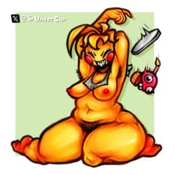 1:1 absurd_res animatronic areola armpit_hair avian beakless bib bird black_armpit_hair black_pubes blonde_hair blush blush_stickers body_hair breasts chicken closed_eyes clothing cupcake cupcake_(fnaf) eyebrows eyelashes female five_nights_at_freddy's five_nights_at_freddy's_2 food galliform grin hair hands_behind_head hi_res ineffective_clothing machine navel nipples orange_areola orange_nipples phasianid plate pubes robot rosy_cheeks scottgames sharp_teeth short_hair sitting smile solo srundercar teeth teeth_showing thick_thighs toy_chica_(fnaf) wide_hips