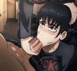 1boy 2girls assisted_fellatio big_asian_cock black_hair blue_eyes blush breasts chainsaw_man couple denji_(chainsaw_man) fellatio femdom highres huge_breasts mitaka_asa multiple_girls muscular muscular_male oral penis shirt t-shirt theodyss yoru_(chainsaw_man)