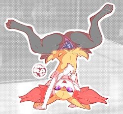 braixen female fox furry hands_up handstand inner_ear_fluff ni nintendo pokemon pokemon_(species) red_hair sharalythesheep teenager thong thong_bikini upskirt yellow_body young