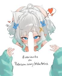 1boy absurdres ahoge alternate_costume aqua_hair aqua_sweater ass blue_bow blue_eyes blush bow commentary english_commentary female frilled_panties frills ghost_girl gradient_hair hair_ornament hairbow hand_on_another's_thigh heart heart-shaped_pupils heart_ahoge highres indie_virtual_youtuber looking_at_viewer meme mila_(milaart12) mint_fantome mint_fantome_(minto_2.0) multicolored_hair negative_space negative_space_cunnilingus_(meme) oerba_yun_fang panties penis_on_face pointy_ears pov simple_background skin_fang sleeves_past_wrists solo_focus speech_bubble spoken_heart straight sweater symbol-shaped_pupils triangular_headpiece twitching underwear virtual_youtuber white_background white_panties x_hair_ornament