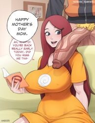 1boy 1girl artist_name black_eyes book breasts commentary curvy english_commentary english_text erection holding holding_book huge_penis indoors kameseru large_breasts long_hair looking_at_penis male_pubic_hair mature_female mother_and_child mother_and_son naruto naruto_(series) open_mouth parent_and_child penis pubic_hair puffy_nipples red_hair speech_bubble uzumaki_kushina uzumaki_naruto uzumaki_symbol