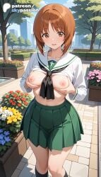 1girls 2026 ai_assisted ai_generated anime artist_name bangs black_legwear black_neckerchief blouse blue_sky brown_eyes brown_footwear brown_hair building cloud explicit eyebrows_visible_through_hair flower frown girls_und_panzer grabbing_own_breast green_skirt ground_vehicle hi_res high_quality high_resolution highres holding_bouquet hydrangea leaning_forward light_frown long_sleeves looking_at_viewer messy_hair military_vehicle miniskirt motor_vehicle neckerchief nipples nishizumi_miho ooarai_school_uniform open_mouth outdoors patreon patreon_username pleated_skirt school_uniform self_fondle serafuku short_hair skirt sky skypassion socks solo stable_diffusion standing tank uncensored_nipples watermark white_blouse