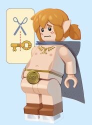 2026 absurd_res black_eyes blue_background blush blush_lines brown_clothing brown_eyebrows brown_footwear brown_hair brown_shoes chastity_cage chastity_device cloak closed_frown clothing combos-n-doodles eyebrows femboy footwear frown glistening glistening_eyes gold_(metal) gold_jewelry gold_necklace grey_cloak grey_clothing hair hi_res hood hooded_cloak humanoid humanoid_pointy_ears hylian jewelry key leaning leaning_backward lego lego_brick lego_minifigure link looking_down looking_down_at_self male male_humanoid mostly_nude mostly_nude_humanoid mostly_nude_male mouth_closed navel necklace nintendo nipples not_furry pink_body pink_nipples pointy_ears ponytail scissors shoes simple_background solo standing the_legend_of_zelda