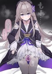 :o absurdres after_onahole_job artificial_vagina beret between_thighs black_background black_coat black_hat black_sailor_collar center-flap_bangs chains choker clothed_sex clothing_cutout coat colored_speech_bubble commentary_request commission cowboy_shot cum cum_in_container cumdrip dilation_tape doll_joints dress emotionless_sex expressionless female flower front_slit grey_hair hair_flaps hair_flower hair_intakes hair_ornament hair_spread_out hat herta_(honkai:_star_rail) herta_(puppet)_(honkai:_star_rail) highres honkai:_star_rail honkai_(series) joints key layered_dress light_blush lock long_hair long_sleeves looking_at_viewer multi-source_commentary neck_ribbon onahole_job onahole_thighjob panties panty_peek parted_lips purple_choker purple_eyes purple_flower purple_ribbon ribbon sailor_collar sex_toy short_dress shoulder_cutout simple_background sitting skeb_commission sleeve_cuffs solo sound_effects speech_bubble steam steaming_body straight_hair tape thigh_gap thighs translation_request underwear upturned_eyes variant_set very_long_hair white_dress white_panties yukarigaoka