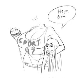1girls breasts burger detached_head detachment english_text hamburger headless huge_breasts long_hair solo text