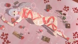1girls 3d 3d_model ahoge black_iris bondage box_of_chocolates chocker chocolate danganronpa_another fanganronpa female female_only koikatsu koikatsu_(medium) only_female red_eyes ribbon ribbon_bondage ribbons roses sannoji_mikado scar scars scars_on_body solo solo_female sora_(super_danganronpa_another_2) super_danganronpa_another_2 white_hair