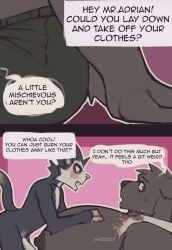 2_panel_comic absurd_res adrian_(king_slabu) american_opossum anthro arm_scar big_muscles big_pecs black_body black_fur burning_clothes canid canine canis clothed clothed/nude clothing comic compression_artifacts dialogue digital_media_(artwork) domestic_dog duo english_text fur genitals hi_res huge_muscles huge_pecs humanoid_genitalia humanoid_penis hyper hyper_muscles hyper_pecs king_slabu male male/male mammal marsupial muscular muscular_anthro muscular_male nipples nolan_(king_slabu) nude pants_only pecs penis scar size_difference smaller_male smaller_on_top speech_bubble text virginia_opossum