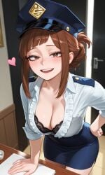 ai_generated bangs black_bra breast_press breast_squeeze breasts breasts_out brown_eyes brown_hair cleavage cleavage_focus demon_slayer interrogation kimetsu_no_yaiba lingerie long_hair looking_at_viewer looking_pleasured miniskirt mizuki_hoshizora my_hero_academia original_character pale_skin police police_hat police_officer police_uniform policewoman teasing teasing_viewer unbuttoned unbuttoned_shirt