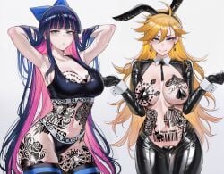 2girls ai_generated arms_up arms_up_pose basicallynomore bbc_slave belly_button black_male_only black_panties black_sports_bra blacked blacked_clothing blonde_hair blue_eyes blush bnwo boob_tattoo breast_tattoo bunny_ears female hands_behind_head interracial looking_at_viewer panty_&_stocking_with_garterbelt panty_anarchy pasties pink_hair pubic_tattoo purple_hair qos qos_clothing qos_tattoo queen_of_spades queen_of_spades_symbol queen_of_spades_tattoo reverse_bunnysuit spade_circle spade_circle_tattoo spade_earrings spade_pasties sportswear stocking_anarchy stockings sweat sweatdrop tattoo tattoo_everywhere tattoo_on_arm tattoo_on_belly tattoo_on_breast tattoo_on_breasts tattoo_on_chest tattoo_on_legs tattooed_arm tattoos tattoos_everywhere