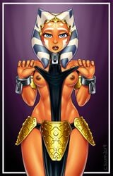 1girls ahsoka_tano alien alien_girl areolae blue_eyes bored breasts cesium clone_wars clothing collar exposed_breasts female female_only gold_(metal) handcuffs harem_outfit harness jedi jedi_padawan latex loincloth nipples orange_skin slave slave_ahsoka slave_clothes slave_outfit slaves_of_the_republic solo star_wars star_wars:_the_clone_wars_(comic) the_clone_wars:_season_four togruta zygerria