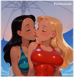 2girls ai_generated aqua_bikini aqua_swimsuit arm_at_side bangs bare_arms bare_shoulders beach beach_umbrella big_breasts bikini black_hair blonde_female blonde_hair blush breast_press breasts closed_eyes closed_mouth collarbone couple dark-skinned_female dark_skin day disney duo female/female female_only guloyu84 kissing lifeguard_(lilo_and_stitch) lilo_and_stitch lips long_hair love medium_breasts multiple_girls mutual_yuri nani_pelekai neck one-piece_swimsuit outdoors parted_bangs red_one-piece_swimsuit red_swimsuit romantic romantic_couple smile straight_hair striped_bikini striped_swimsuit swimsuit teenage_girl teenager umbrella upper_body wet wet_body yuri