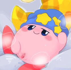 aroused aroused_face blue_eyes blush bodily_fluids clothing feet female fog genital_fluids genitals happy hat headgear headwear hi_res kirby kirby_(series) looking_at_viewer lying mouth_closed nintendo on_back pink_body poi_(artist) red_feet smug_grin solo spread_vulva spreading star sweat vaginal_fluids vulva waddling_head