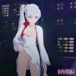 1girls 3d blue_eyes half-dressed half_naked half_naked_female nyahs_smut revealing_breasts rwby scar_across_eye showing_pussy solo_female weiss_schnee white_hair white_hair_female