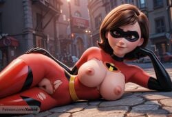 ai_generated arm_support artist_name black_gloves bodysuit breasts brown_eyes brown_hair building city crotch_cutout domino_mask elastigirl elbow_gloves female female_pubic_hair gloves hand_on_own_hip helen_parr large_breasts lips looking_at_viewer lying mask nipples on_side outdoors patreon_username pubic_hair pussy red_bodysuit short_hair smile solo superhero the_incredibles torn_bodysuit torn_clothes uncensored xadrid