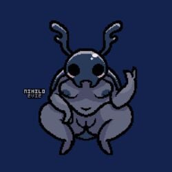 1girls alternate_version_available arthropod beetle big_breasts blue_exoskeleton blush breasts bretta_(hollow_knight) completely_nude completely_nude_female female female_only full_body grey_skin hollow_knight insects naked naked_female nihiloevie nude nude_female pixel_art pussy simple_background solo solo_female squatting