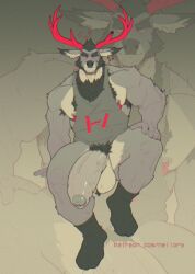 2_horns 5_fingers anthro antlers armpit_hair artist_name ball_tuft balls barazoku beard biceps big_balls big_muscles big_penis biped blowup_background body_hair bottomless bottomless_anthro bottomless_male chest_hair chromatic_aberration closed_smile clothed clothed_anthro clothed_male clothing countershade_face countershade_fur countershade_legs countershade_torso countershading deer digital_drawing_(artwork) digital_media_(artwork) dipstick_ears ear_markings ear_piercing eyebrows facial_hair film_grain fingernails fingers footwear foreskin front_view full-length_portrait fur genitals glans hair half-erect hand_on_knee hand_on_leg hand_on_own_knee hand_on_own_leg hi_res horn huge_balls huge_cock humanoid_genitalia humanoid_hands humanoid_penis looking_at_viewer male male_anthro mammal manly mouth_closed mr_nellory multicolored_ears muscular muscular_anthro muscular_arms muscular_male nails nipple_piercing nipples partially_retracted_foreskin patreon_username pecs penis piercing plantigrade portrait print_clothing print_shirt print_tank_top print_topwear pubes red_eyes red_horn shirt simple_background sitting smile smiling_at_viewer socks solo stubble tank_top text thick_eyebrows topwear tuft url vein veiny_penis