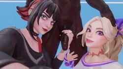 1boy 2026 2girls 3d animated athletic athletic_female big_penis black_hair black_nails blonde_hair blue_eyes cheerleader choker clothed clothed_female_nude_male clothing collar dark-skinned_male dark_skin eyeshadow female ffm_threesome fortnite grabbing_penis hand_on_head hand_on_penis hand_on_thigh handjob haylee_skye_(fortnite) head_grab jtopau legs_apart light-skinned_female light_skin looking_at_viewer loop male masturbation morgan_myst_(fortnite) no_sound nude nude_male outercourse penis penis_grab pink_lipstick purple_eyes purple_nails red_hair red_lipstick short_hair smile thigh_grab threesome two-tone_hair video_games work_in_progress