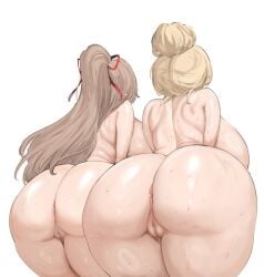 2girls ass ass_focus backboob blonde_hair breasts brown_hair censored completely_nude from_behind hair_bun hato_(blevia16) highres huge_ass huge_breasts medium_hair mosaic_censoring multiple_girls nude original ponytail pussy simple_background sweat white_background